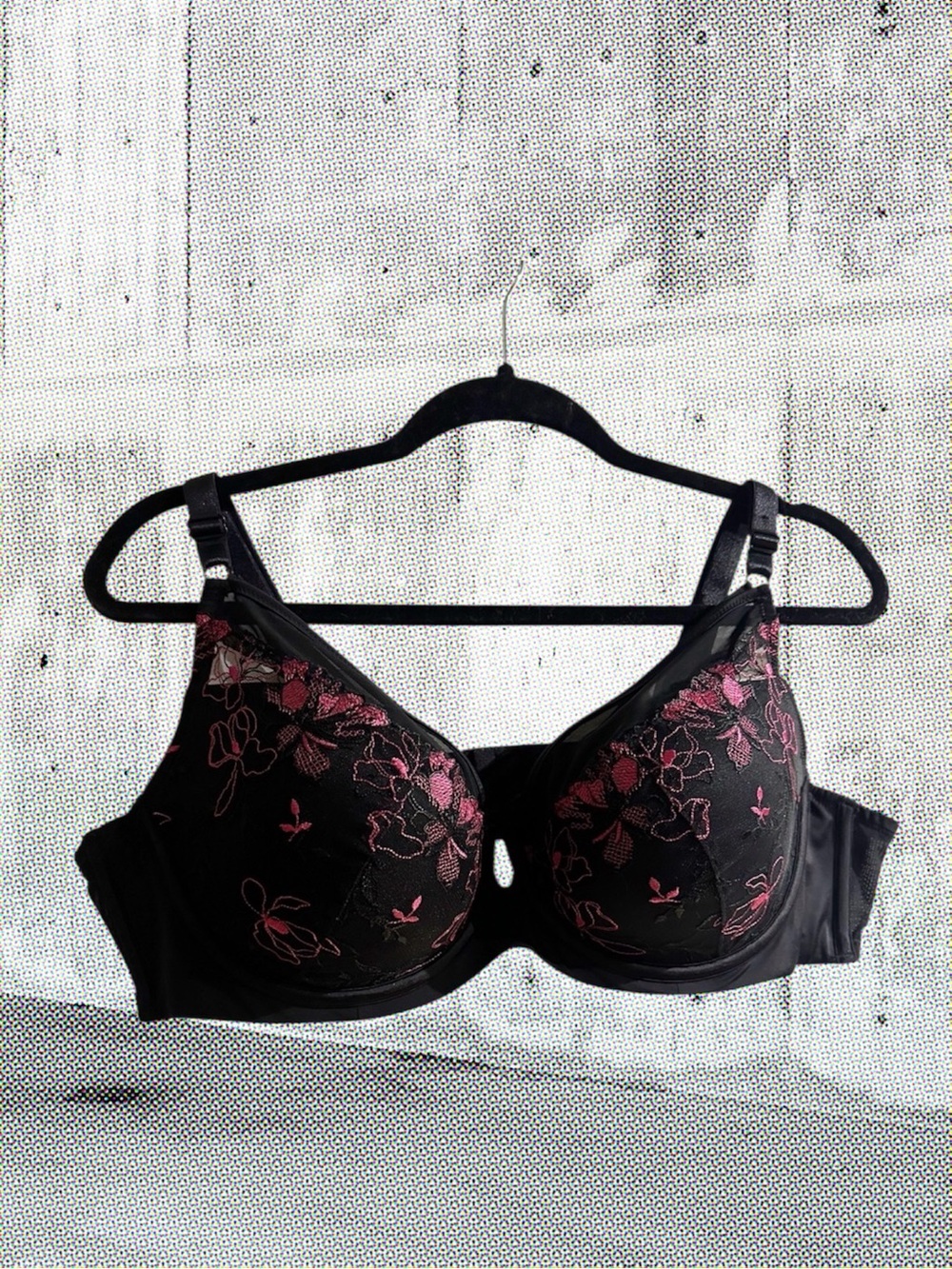 Deesse Lingerie Black Bra with Pink Floral Embroidery